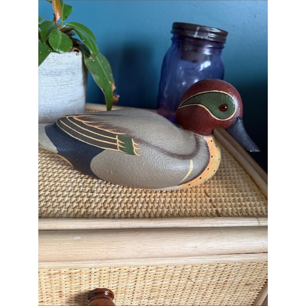 Vintage DUCKS UNLIMITED 9.5" Wood Carved Hand Painted Green-Winged Teal Decoy